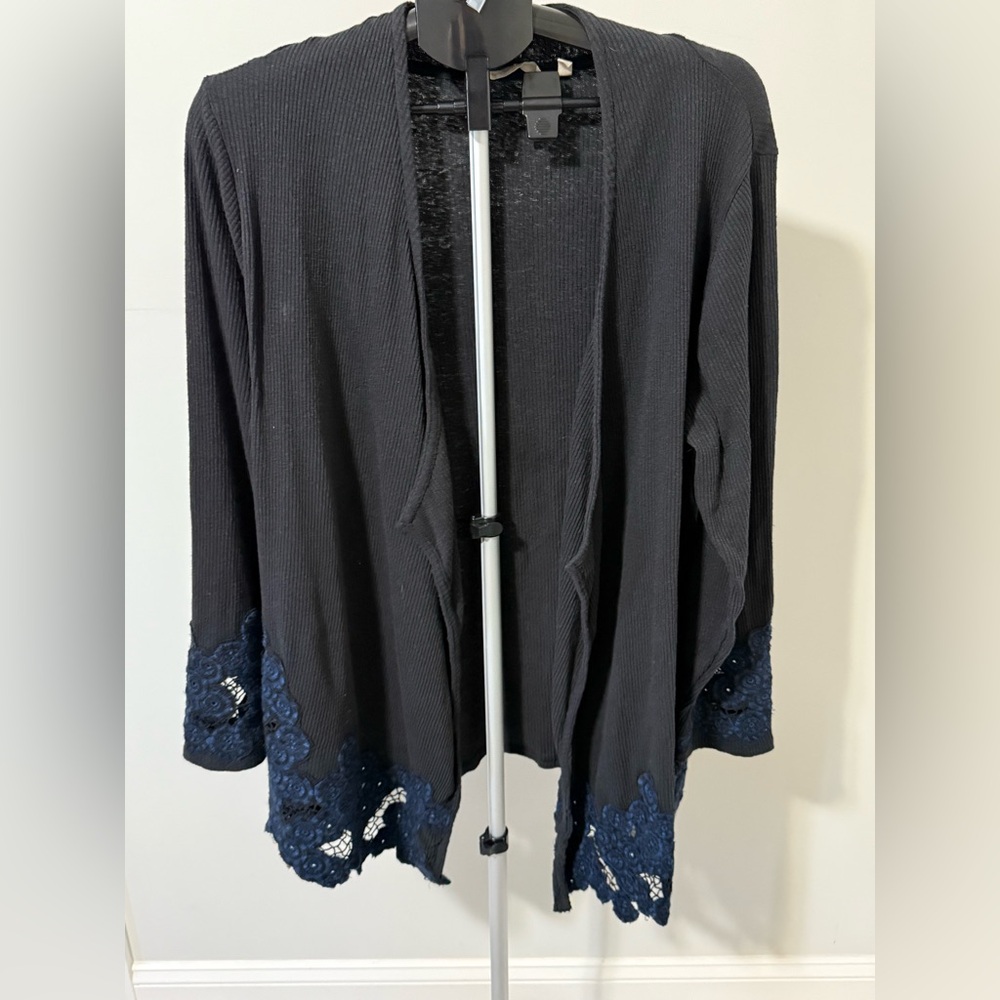 Soft Surroundings Black Cardigan with Navy Lace Trim Accents